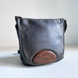 Vintage Dark Brown Leather Oval Unique Crossbody w Wood Detail